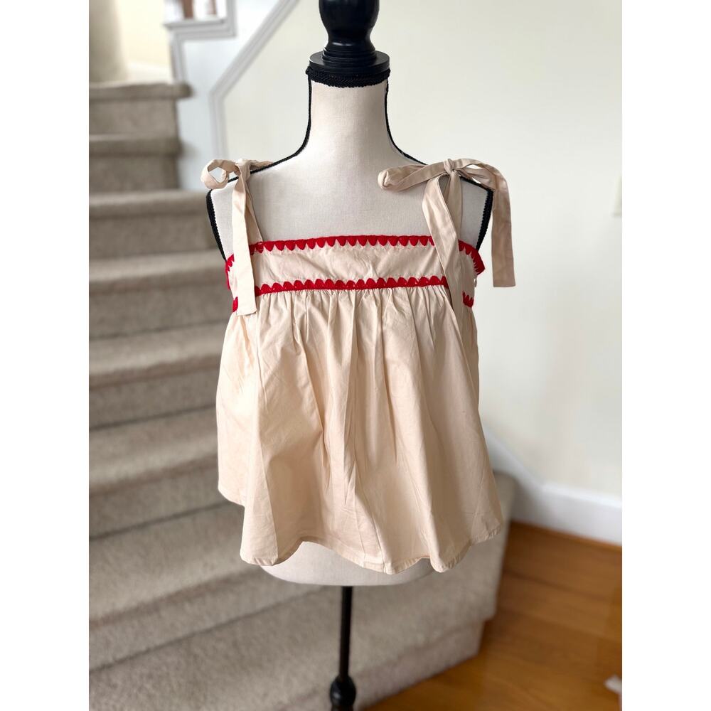 &Merci Cream & Red Stitch Bow Tie Square Neck Loose Boxy Tank Cottage Boho